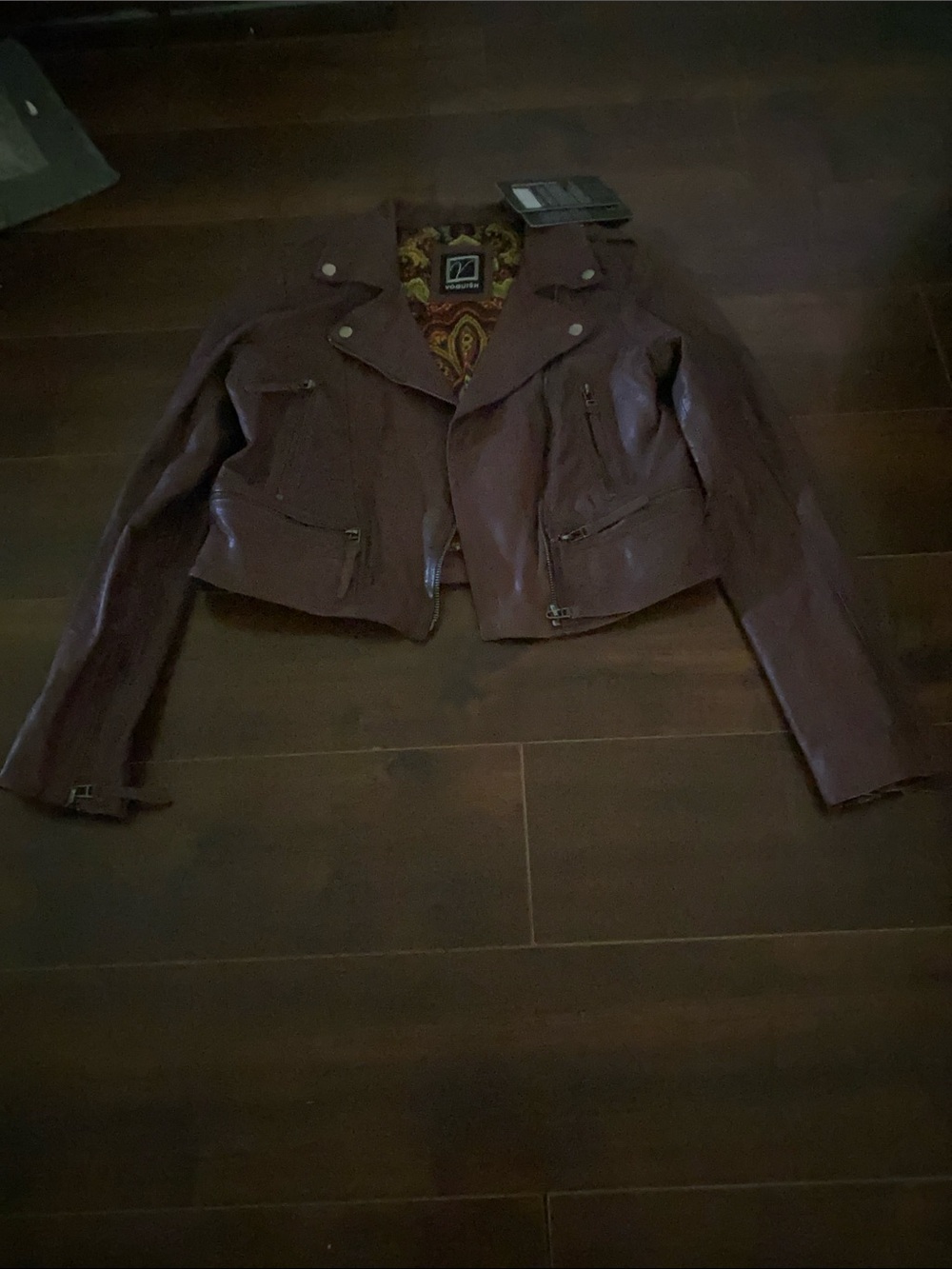 Cropped Faux Leather Moto Jacket in Burgundy